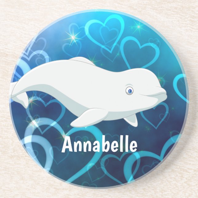 Personalised Beluga Whale and Blue Hearts Arctic Coaster (Front)