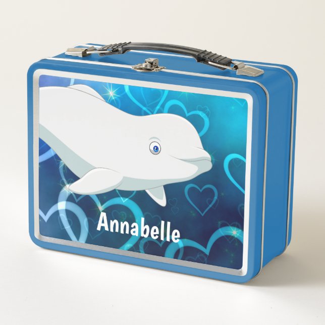 Personalised Beluga Whale and Blue Hearts Arctic Metal Lunch Box (Front)