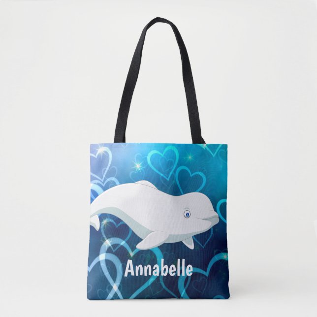 Personalised Beluga Whale and Blue Hearts Arctic Tote Bag (Front)