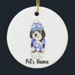 Personalised Bernedoodle Blue & White Ceramic Tree Decoration<br><div class="desc">I am in love with this beautifully detailed watercolor illustration of a grey, black, and white bernedoodle or sheepadoodle on a an ornament with a sweet little blue and white hat/scarf combo! Personalise these ornaments and make the nice list this year! For the perfect presents, pair it with a matching...</div>