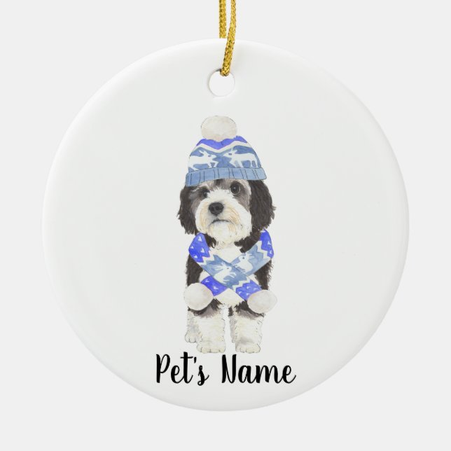 Personalised Bernedoodle Blue & White Ceramic Tree Decoration (Front)