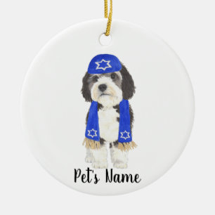 Personalised Bernedoodle Yarmulke Hanukkah Blue Ceramic Tree Decoration