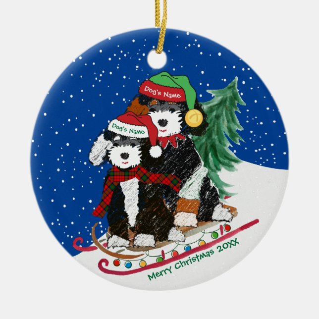 Personalised Bernedoodles Christmas Sled Ceramic Tree Decoration (Front)