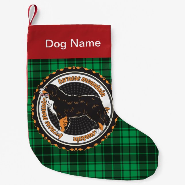 Personalised Bernese Mountain Breed Green Plaid Small Christmas Stocking (Front)
