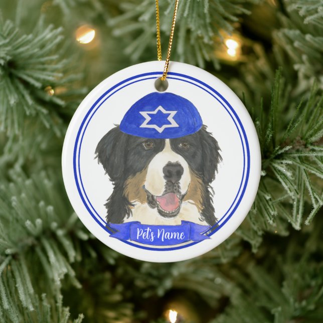 Personalised Bernese Mountain Dog Hanukkah Blue Ceramic Tree Decoration (Tree)