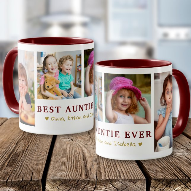 Personalised Best Auntie Ever 4 Photo Maroon Gold Mug (Creator Uploaded)