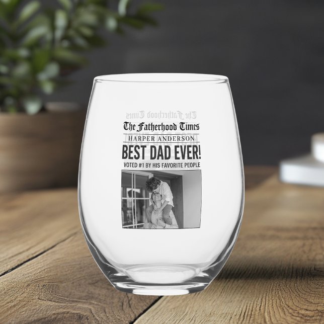 Personalised Best Dad Ever Newspaper Headline Stemless Wine Glass (Creator Uploaded)