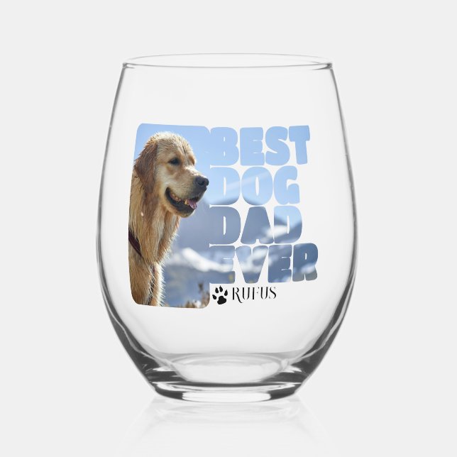 Personalised best dog dad ever stemless wine glass (Front)