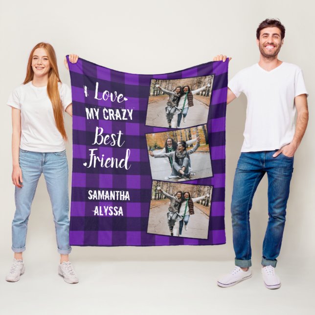 Personalised Best Friend Chic Purple Plaid 3 Photo Fleece Blanket (In Situ)