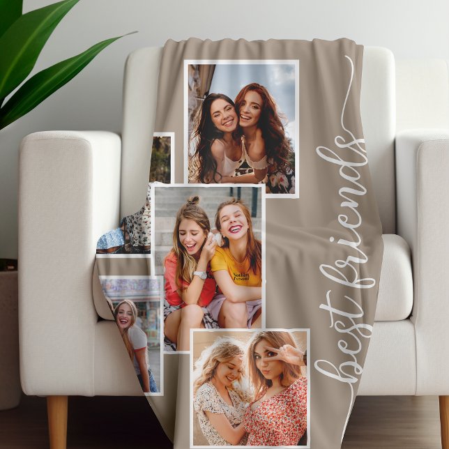 Personalised Best Friends 5 Photo Collage Brown Fleece Blanket (Creator Uploaded)