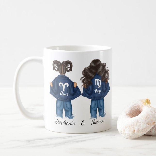 Personalised Best Friends Aries Virgo Girl Jean Coffee Mug (With Donut)