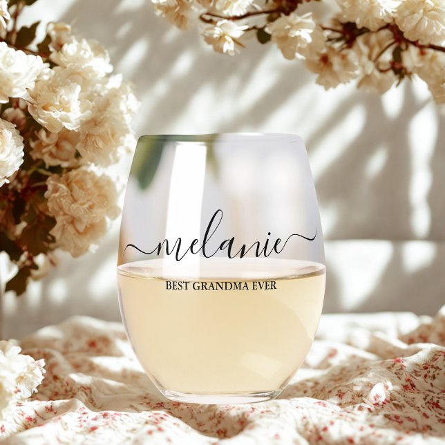 Personalised Best Grandma Ever Script Monogram Stemless Wine Glass (Creator Uploaded)