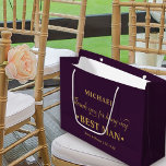 Personalised Best Man Purple and Gold Thank You Large Gift Bag<br><div class="desc">Personalised BEST MAN gift bag with purple and gold colour palette. The name template is set up ready for you to add the best man's name as well as the bride & groom's names and wedding date. The thank you wording reads "Thank you for being my best man" in a...</div>