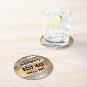 Personalised Best Man Whiskey Barrel Round Paper Coaster