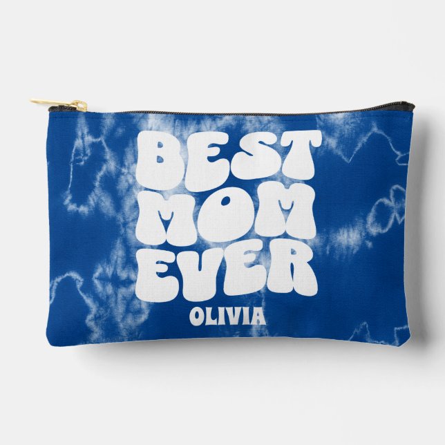 Personalised Best Mum Ever Blue Tie Dye  Accessory Pouch (Front)