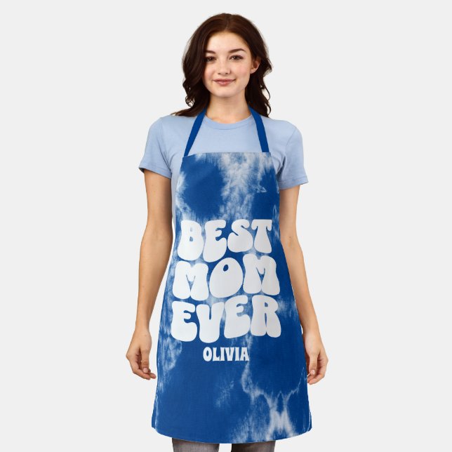 Personalised Best Mum Ever Blue Tie Dye  Apron (Worn)