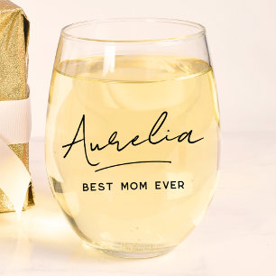 Personalised Best Mum Ever Monogram Signature Name Stemless Wine Glass