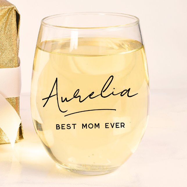 Personalised Best Mum Ever Monogram Signature Name Stemless Wine Glass (Creator Uploaded)