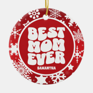 Personalised Best Mum Ever Photo Red Christmas Ceramic Tree Decoration