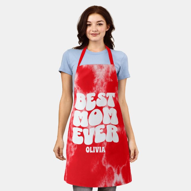 Personalised Best Mum Ever Red Tie Dye  Apron (Worn)