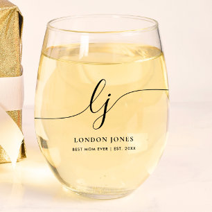 Personalised Best Mum Ever Script Monogram Initial Stemless Wine Glass