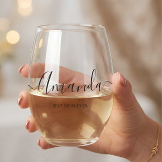 Personalised Best Mum Ever Script Monogram Stemles Stemless Wine Glass