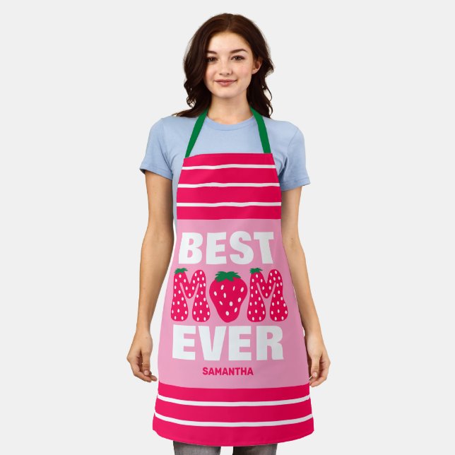 Personalised Best Mum Ever Strawberry Mother's Day Apron (Worn)