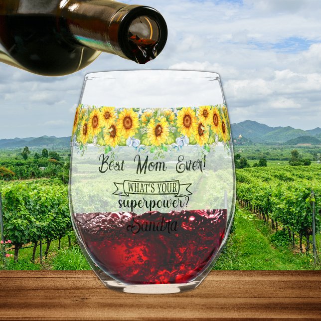 Personalised Best Mum Ever... Sunflower  Stemless Wine Glass (Creator Uploaded)