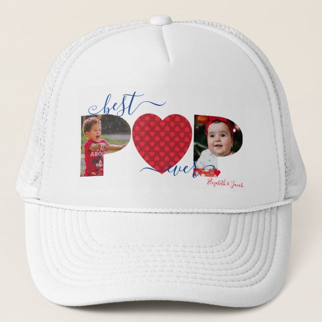 Personalised Best POP Ever Photo Collage Red Heart Trucker Hat (Front)