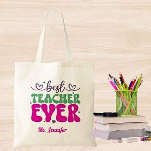 Personalised Best Teacher Ever pink green script  Tote Bag