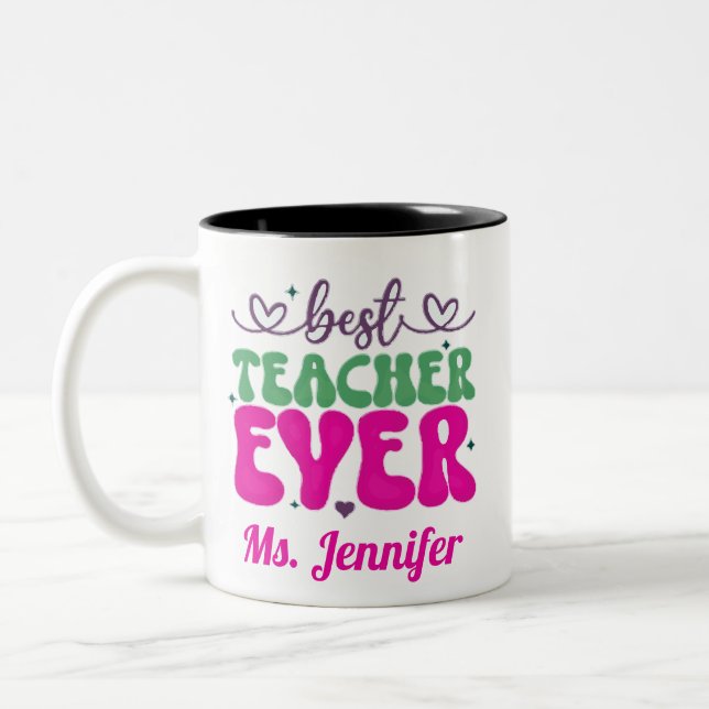 Personalised Best Teacher Ever pink green script  Two-Tone Coffee Mug (Left)