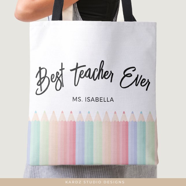 Personalised Best Teacher Ever Rainbow Teacher Tote Bag (Personalize with your favorite teacher´s name.)