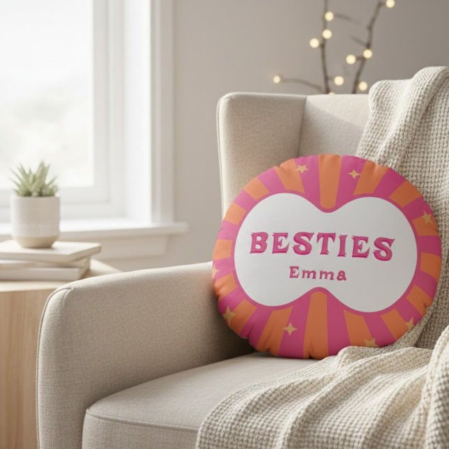 Personalised Besties Name Pink Orange Retro Round  Cushion (Creator Uploaded)