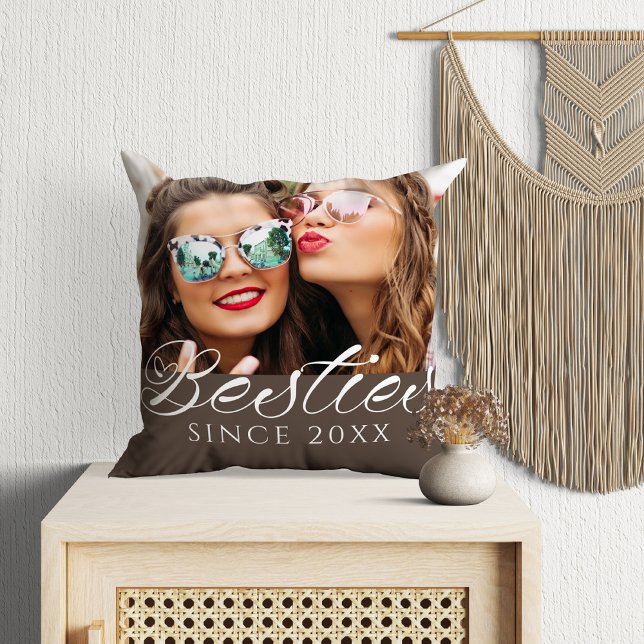 Personalised “Besties Since” Custom Photo Cushion ("Besties Since" Custom Photo Chic Throw Pillow in a boho room with macramé.)