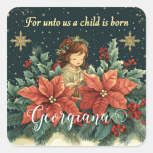 Personalised Biblical Nativity Child & Verse Square Sticker