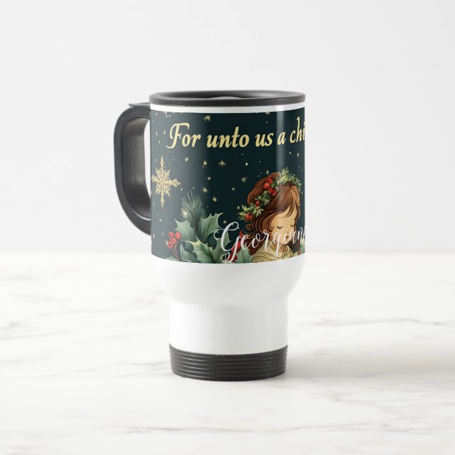 Personalised Biblical Nativity Child & Verse Travel Mug (Front Left)