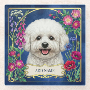 Personalised Bichon Frise Blue Floral Coaster