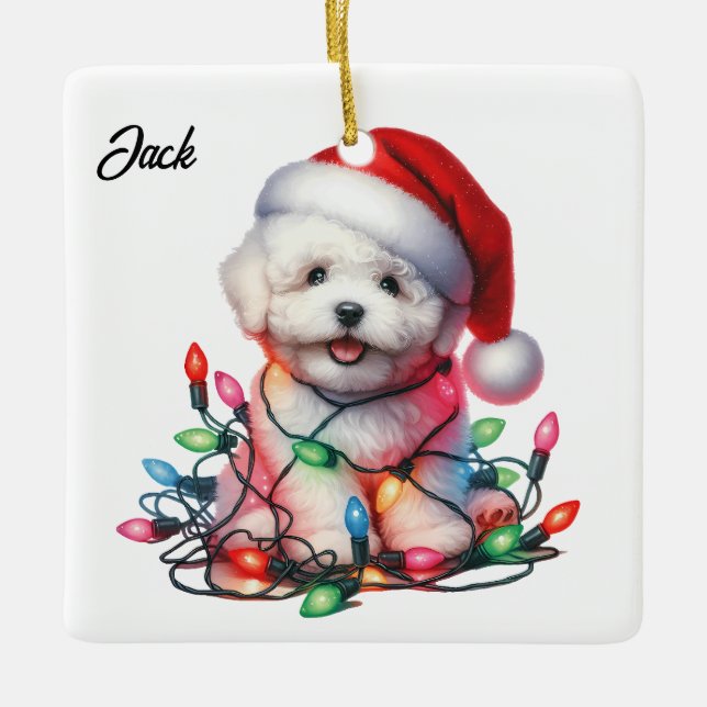 Personalised Bichon Frise Santa Hat Christmas Ceramic Ornament (Front)