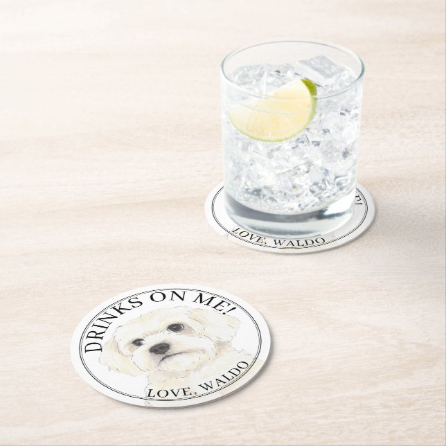 Personalised Bichon Havanese Maltese Dog Wedding Round Paper Coaster (Insitu)