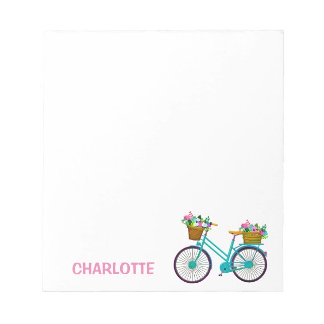 Personalised Bicycle basket flowers pink blue Notepad (Front)