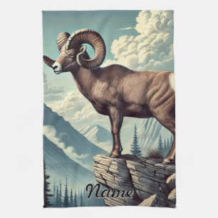 Personalised Bighorn Sheep on a Rocky Outcrop Tea Towel