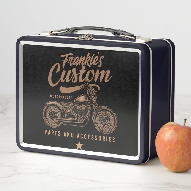 Personalised Biker Custom Bobber Motorcycle Garage Metal Lunch Box (In Situ)