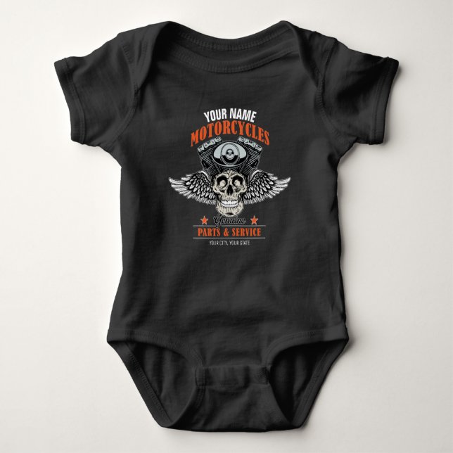 Personalised Biker Flying Skull Motorcycle Shop  Baby Bodysuit (Front)
