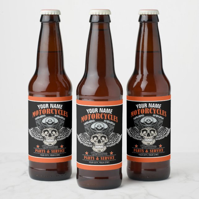 Personalised Biker Flying Skull Motorcycle Shop  Beer Bottle Label (Bottles)