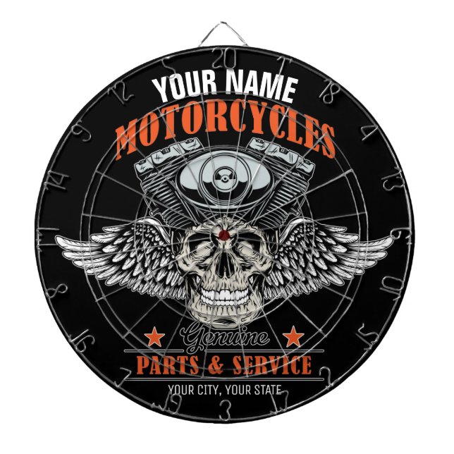 Personalised Biker Flying Skull Motorcycle Shop  Dartboard (Front)