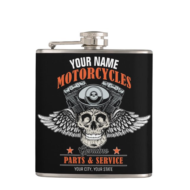 Personalised Biker Flying Skull Motorcycle Shop  Hip Flask (Front)