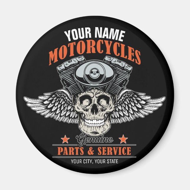 Personalised Biker Flying Skull Motorcycle Shop Magnet (Front)