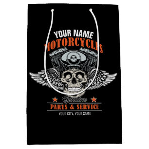Personalised Biker Flying Skull Motorcycle Shop Medium Gift Bag