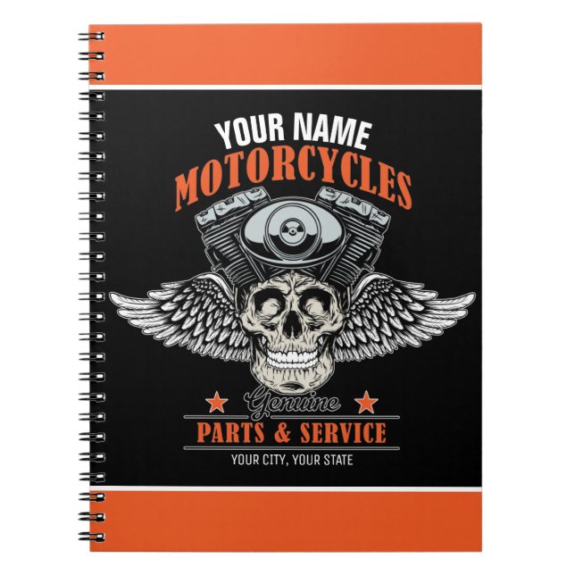 Personalised Biker Flying Skull Motorcycle Shop  Notebook (Front)