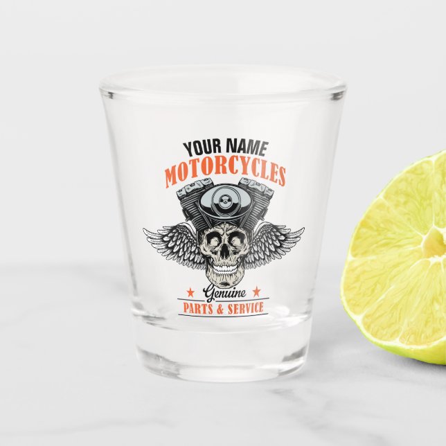 Personalised Biker Flying Skull Motorcycle Shop  Shot Glass (Front)